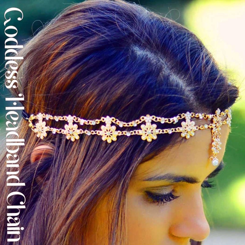 Yalice Indian Flower Head Chain Jewelry Gold Crystal Headband Elastic Goddess Headpieces Rhinestone Wedding Hair Chain Jewelry for Women(Gold-1) - Image 3